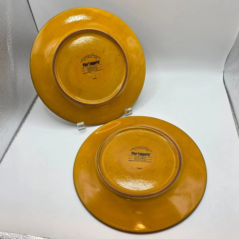 Pier 1 Imports Sunflower Hand Painted Terracotta Salad Plates Set 2 Red Yellow